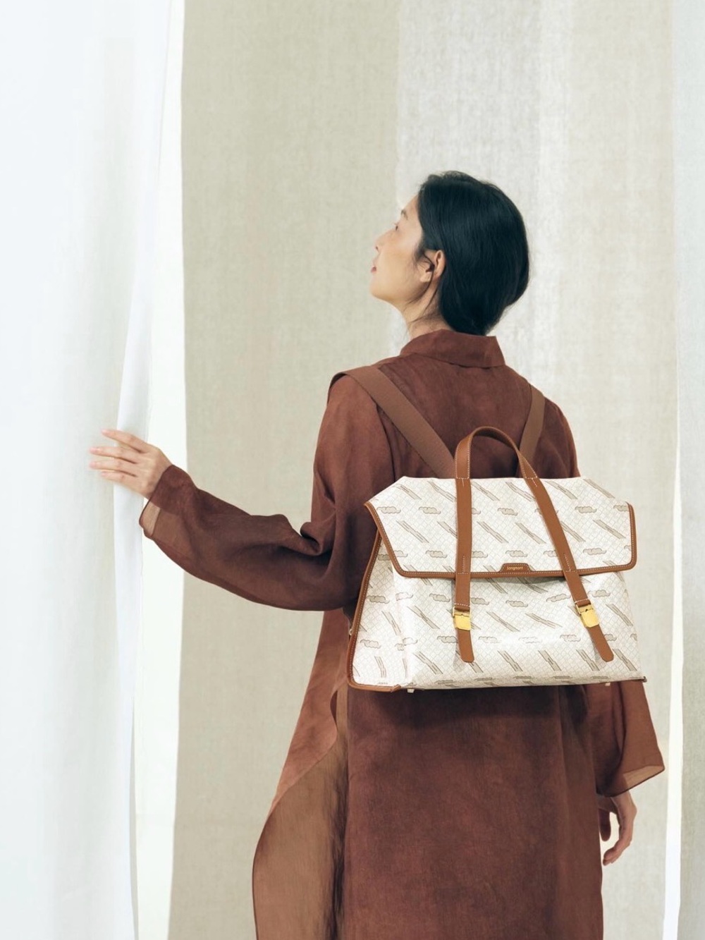 Songmont Shan Briefcase (Large) in Cream and Brown Patterned with Gold Accents